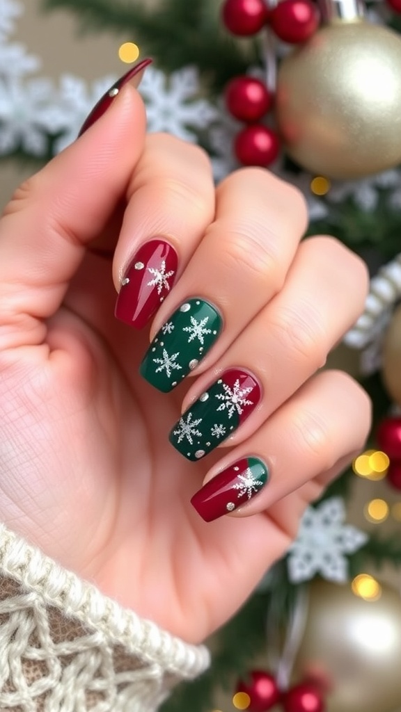 Elegant Christmas nail art with red and green polish, snowflakes, and gold accents.